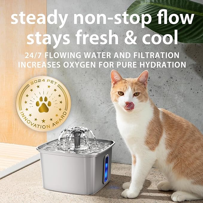 Veken Innovation Award Winner Stainless Steel Cat Water Fountain, 108oz | Automatic Pet Fountain Dog Water Dispenser with 3 Replacement Filters & Silicone Mat, Gifts for Cats, Dogs (Silver)
