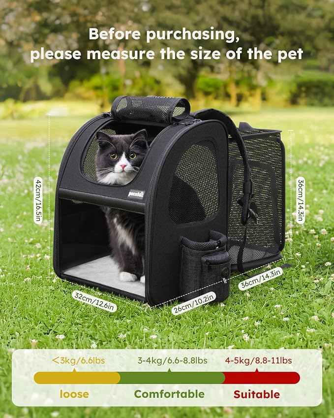 pecute Cat Backpack Expandable, Cat Backpack for Cat with Acrylic Window | Durable Oxford Cloth, Lockable Zipper,Use for Pet Under 11 lbs to Travel