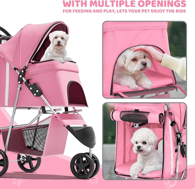 Magshion 3-Wheel Pet Stroller for Small/Medium Dog Cat, Up to 33lbs, Pink | Foldable Travel Jogger w/ Breathable Mesh Cover, Lightweight Design, Safety Tethers, Cup Holder & Storage Basket