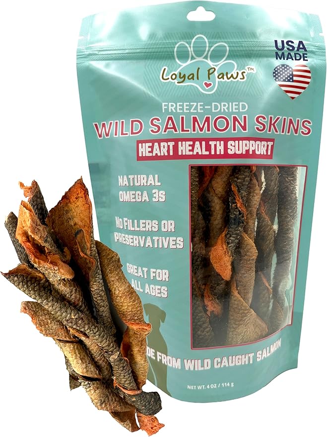 Wild Salmon Skin Dog Treats, USA Made, Freeze-Dried, Heart Health Support, Natural Omega-3, Preservative Free, 4 oz