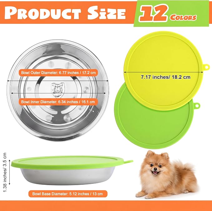 Patelai Stainless Steel Dog Bowls with Silicone Lids for 1.9 Cups Portable Food and Water Dishes for Pets Sealable Containers for 6.3" for Cats & Small Dogs(24 Pcs,Red,Blue,Green,Purple,Yellow,Orange)