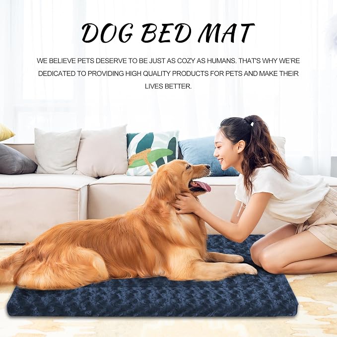 Washable Dog Bed Plush Orthopedic Outdoor Crate Mat with Non-Slip Bottom,Luxe Soft Kennel Pad for Pets, Cozy Cage Cushion & Pet Sleeping Mattress Large Sized,Medium,Small Dogs,30 x 20 inch,Blue