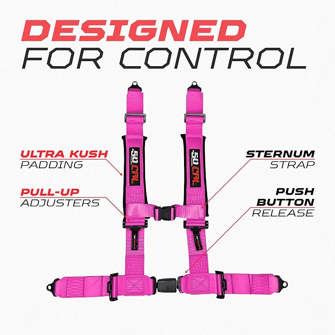 1pc 50 Cal Pink 4 Point Harness 3in Straps, Racing Harness Seat Belt | Ultra Kush padding, Push Button quick release hardware. Universal Fit for UTV, RZR, race car.