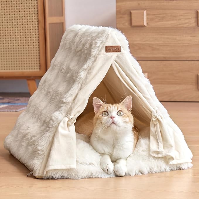 FUKUMARU Cat Cave Bed, Sturdy Frame Washable Cat Tent Bed with Curtain | Semi-Enclosed Cat Hideaway for Anxious Cats, Large Cozy Cat House for Indoor Cats, Soft Plush Covered Dog Bed, Cream