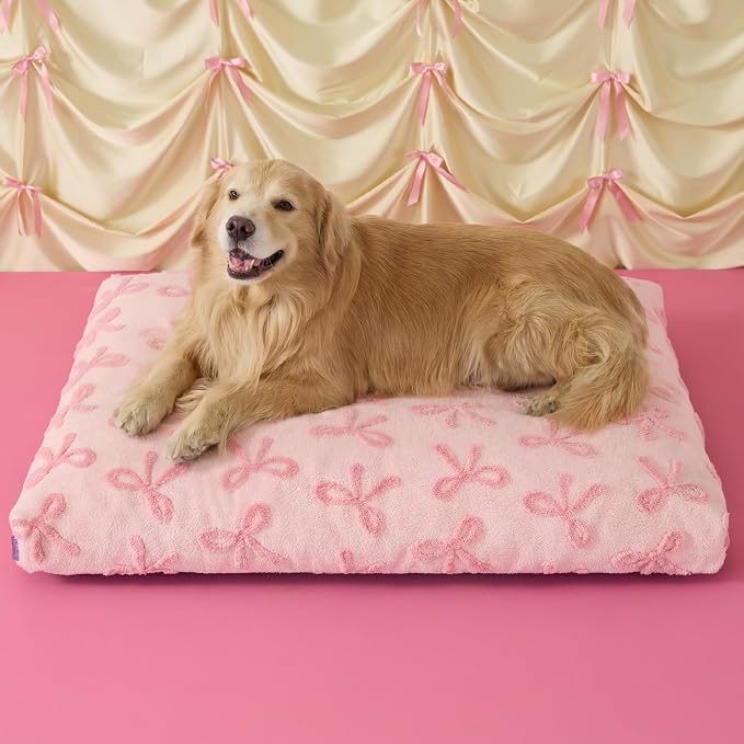 LE SURE Cute Aesthetic XL Dog Bed, Jacquard Thick Pet Pillow，44x32 | Shredded Chopped Foam, Jacquard Modern Plush Crate Cushion Gift Idea, Waterproof Washable Cover, Nonslip Bottom, Bow Pink