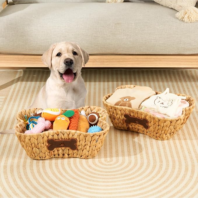 Wicker Basket for Pet Toys, 2 Pack Stylish and Natural Dog and Cat Toy Basket, Dog Storage Organizer with Bone Shape