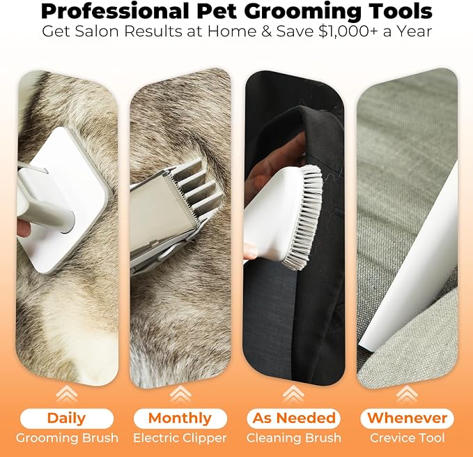 Dog Grooming Vacuum Kit, 12000Pa Pet Hair Vacuum with Clipper | 2L Dust Cup, Low Noise, 5-in-1 Grooming Kit with Clipper & Cleaning Brush for Home Shedding and Trimming, PG100
