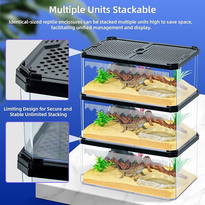 High-Transparency Reptile & Insect Enclosure Terrarium with Magnetic Door, Excellent Ventilation, Easy Cleaning, and Strong, Long-Lasting Build for Cricket,Frog,Gecko, Tarantula, Hermit Crab(Black,12)