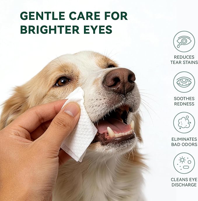 Eye Wipes for Dogs & Cats, Gently Remove Tear Stains, Debris & Discharge, Hypoallergenic Pet Eye Cleaner for Eyes, Wrinkles & Face, Unscented with Natural Coconut Oil & Provitamin B5, 100ct