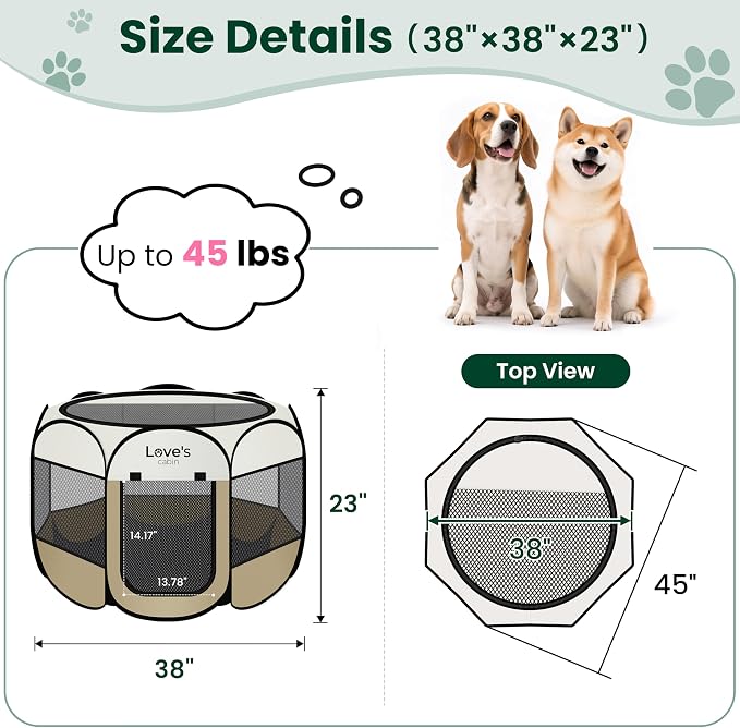 Love's cabin Pet Puppy Dog Playpen, Large Dog Tent Crates Cage Indoor/Outdoor, Portable Playpen for Cat, Foldable Pop Up Dog Kennel Playpen with Carring Case, Removable Zipper Top, Khaki