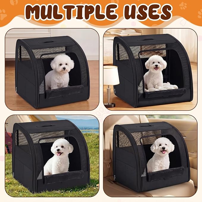 Dog Car Crate, Enclosed Foldable Cat Car Seat Carrier, 20x19x19.5in, Black | Portable Dog Cat Carrier with Seatbelt Attachment & Headrest Strap, Soft-sided Pet Kennel with Bed for Pet Travel up to 25 lb