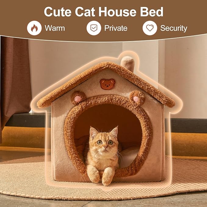 Cute Small Dog House Indoor,Foldable House Kennel Bed with Cushion,Brown | L Size Tent for 11-16 lb Dogs and 18-22 lb Cats, Dog Cave Bed with Non-Slip Bottom, Soft Cozy Dog Cave Bed