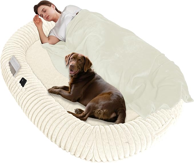 Human Dog Bed for Adult, Orthopedic Gel Memory Foam, 71"x47"x9" | Human Dog Bed Fits Adult & Pets, Reversible Egg-Crate Foam Cushion, Washable Pet Bed with Blanket, Beige