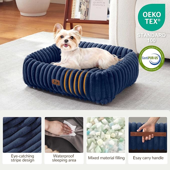 Cute Dog Bed for Small Dogs & Cats,Washable Fluffy Cat Beds for Indoor Cats, Rectangle Orthopedic Memory Foam Puppy Beds with Anti-Slip Bottom, 20 x19 x 7 Inches, Navy
