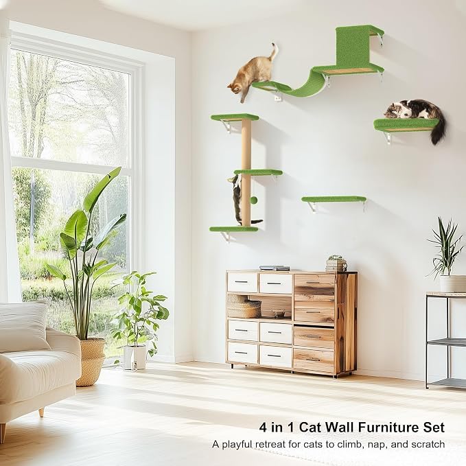 FUKUMARU Cat Wall Shelves, 4 in 1 Set, Green | Stable & Safe Cat Walls Furniture, Wooden Kitten Climbing Wall with Scratching Post for 16 Inch Drywall