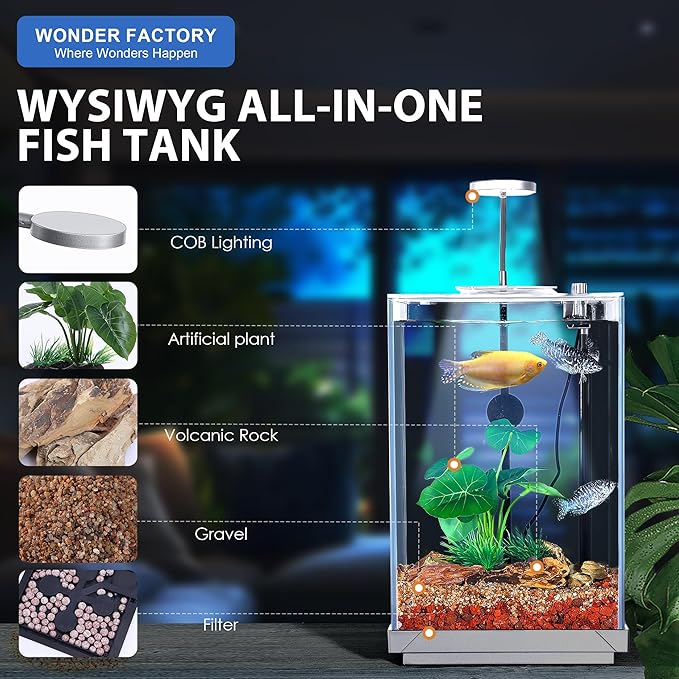 Nano Desktop Betta Aquarium 2.7 Gallon Glass Fish Tank Set, Hidden Bottom Filtration System Self Cleaning Filter Light Gravel Plant Cleaning Tool, for Small Space Easy Setup Space-Saving Design
