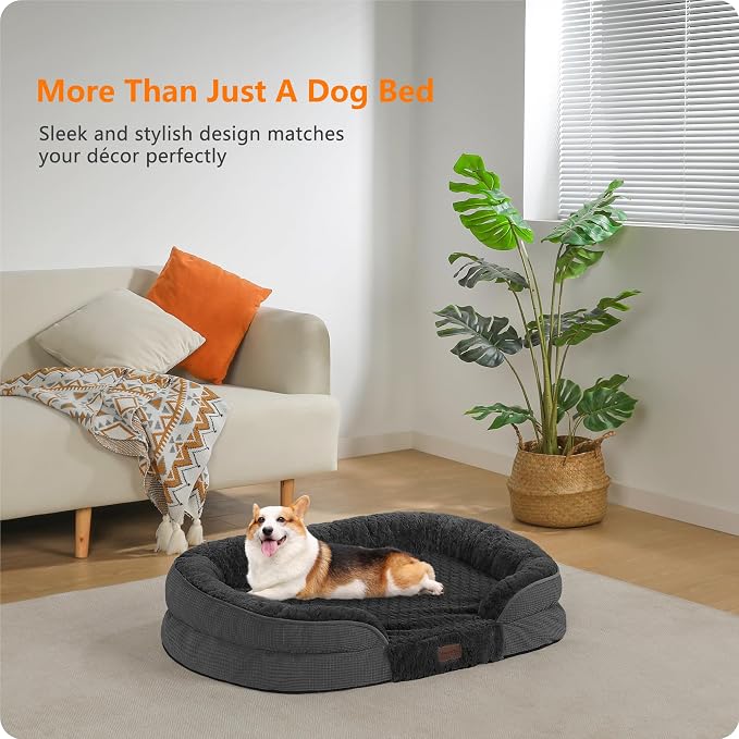 Dwanton Orthopedic Dog Bed for Medium Dogs with Gel Memory Foam, Waterproof Dog Sofa, Washable Pet Bed with Four Sided Bolster Cushion, Removable Cover & Non-Slip Bottom, 36", Plush-Dark Grey