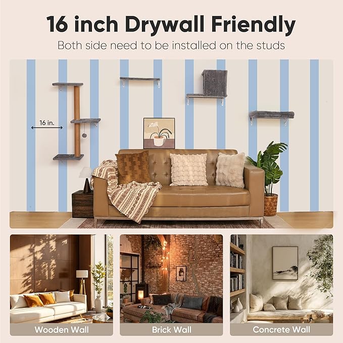 FUKUMARU Cat Wall Shelves, 4 in 1 Set, Light Gray | Stable & Safe Cat Walls Furniture, Wooden Kitten Climbing Wall with Scratching Post for 16 Inch Drywall