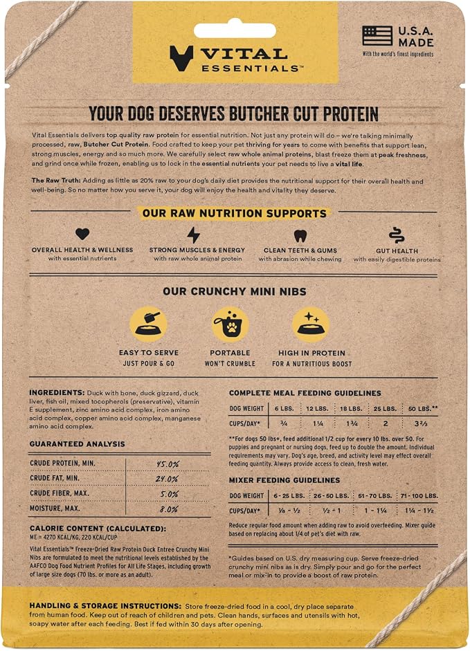 Vital Essentials Freeze Dried Dog Food, Raw Duck Crunchy Mini Nibs | Complete Meal or Topper | 96% Duck, Organs & Bone | Limited Ingredient, High Protein, Grain Free Dry Dog Food | 5.5 oz Bag
