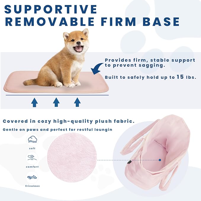 Lightweight Puffy Dog Purse Carrier for Small Dogs, Pink | Quilted Pet Carrier Tote with Safety Leash Clip, Storage Pockets and Removable Base, for Pets Up to 15 lbs, Pink