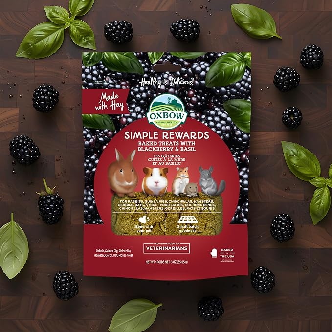 Oxbow Simple Rewards BlackBerry & Basil Treats, Great as Chinchilla, Hamster, Rodent, Guinea Pig & Rabbit Treats, Small Pet Snack, Made with Oxbow Timothy Hay, Made in USA, 3 oz
