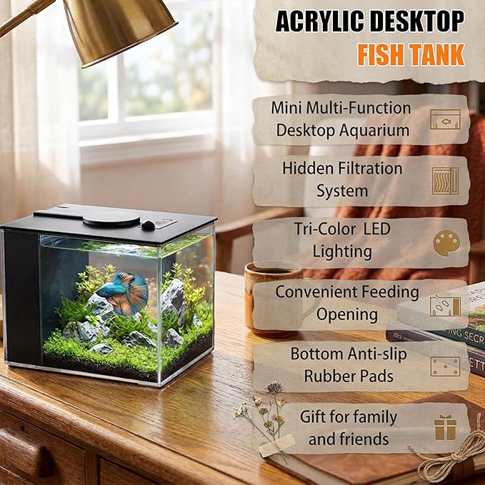 Vehipa Betta Fish Tank 1 Gal (3.7L), Acrylic Nano Aquarium Kit with Water Filter Pump & LED Light, Ideal for Small Fish, Shrimp and Plants, Black