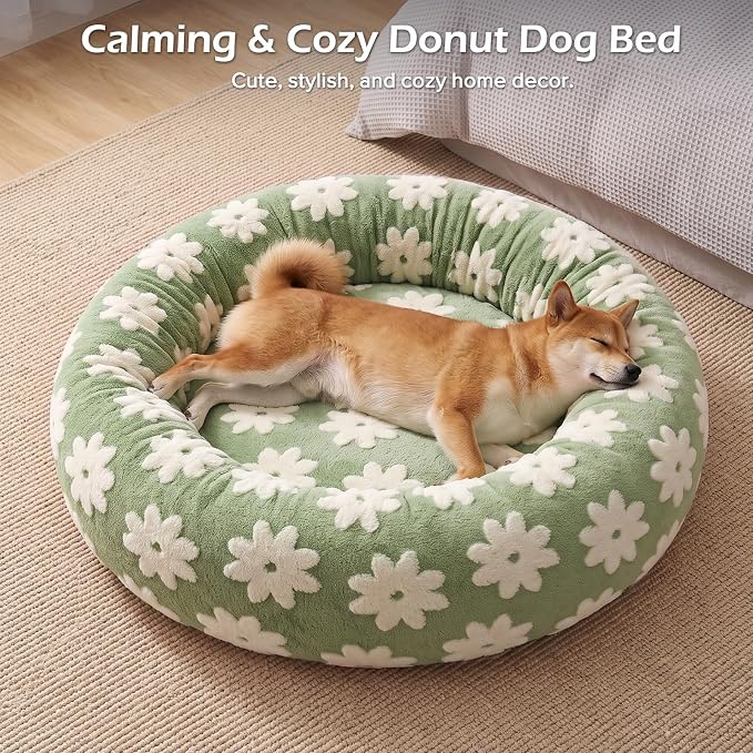 JOEJOY Jacquard Donut Round Dog Beds Large Sized Dog,Green 36x36x8in, Removable Washable Cover, Cute Pattern, Ultra Soft Fluffy Calming Pet Bed with Thick Supportive Bolster