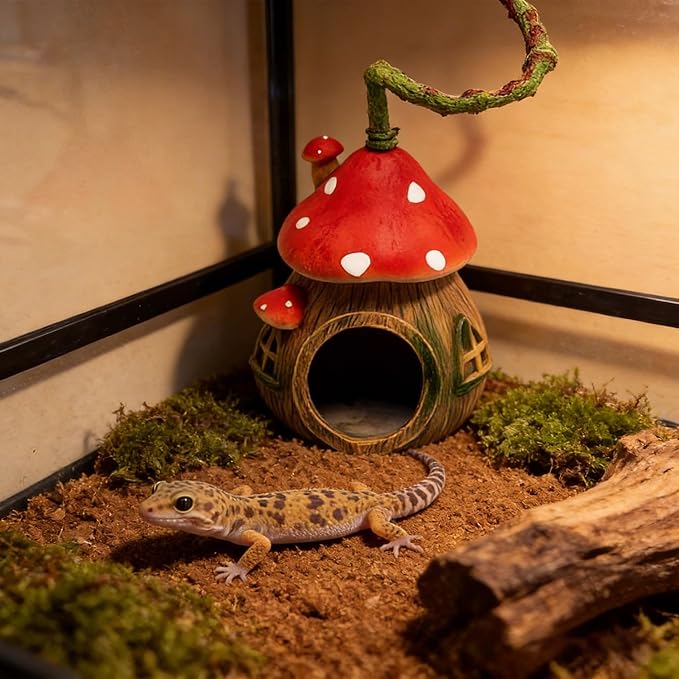 Jumping Spider Hide with Bendable Vine – Mushroom Cave for Tarantula, Gecko & Tree Frog – Reptile Terrarium Decor for Spider Enclosure & Reptile Tank (4"x4"x12")