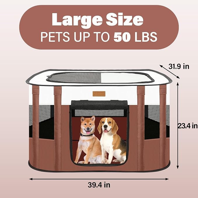 Dog Playpen - Foldable Cat Play Pens for Pubby,Kitten, Rabbit,Portable Pet Tent with Carring Bag for Indoor/Outdoor Travel Camping (Brown-Large)