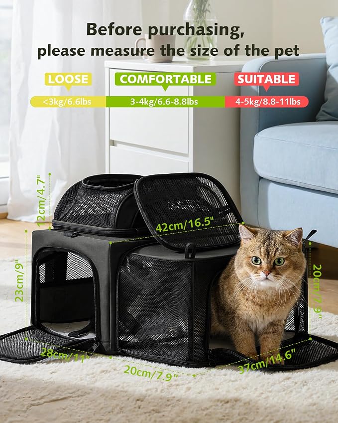 Pecute Top Expandable Airline Approved Pet Carrier for Cats, Dark Gray | Top side expandable, breathable scratch-resistant mesh, leakproof pee pad, locking zippers, foldable travel bag under 11lbs