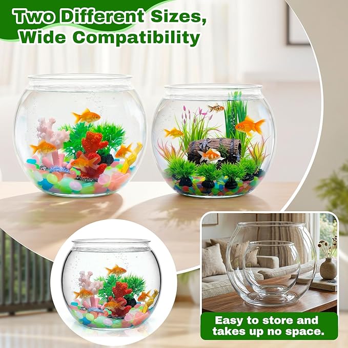 Cinnvoice 521 Pcs Plastic Fish Bowls Starter Kit, 2 Gallon & 0.27 Gallon Round Shatterproof Aquarium with Luminous Stones, Artificial Plants, Decor for Betta Goldfish, Small Fish Tank for Office