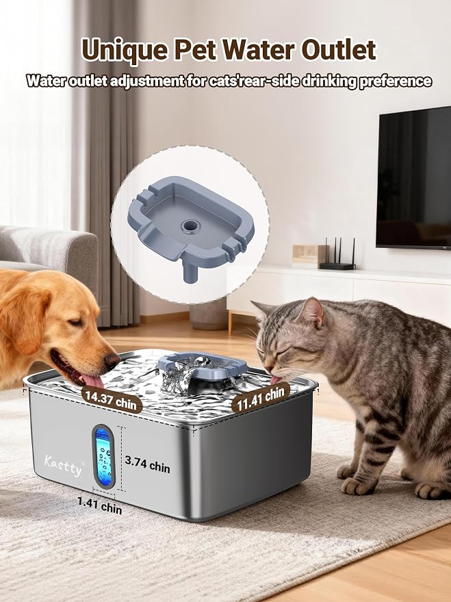 Kastty 3.96 Gal Dog Water Fountain for Large Dogs,15L Stainless Steel Large Pet Water Fountain, Ultra Quiet Automatic Dog Water Bowl Dispenser with Water Level Window and LED Light(FS78,Grey | Large Ultra Quiet Pet Water Fountain, Automatic Dog Water B...