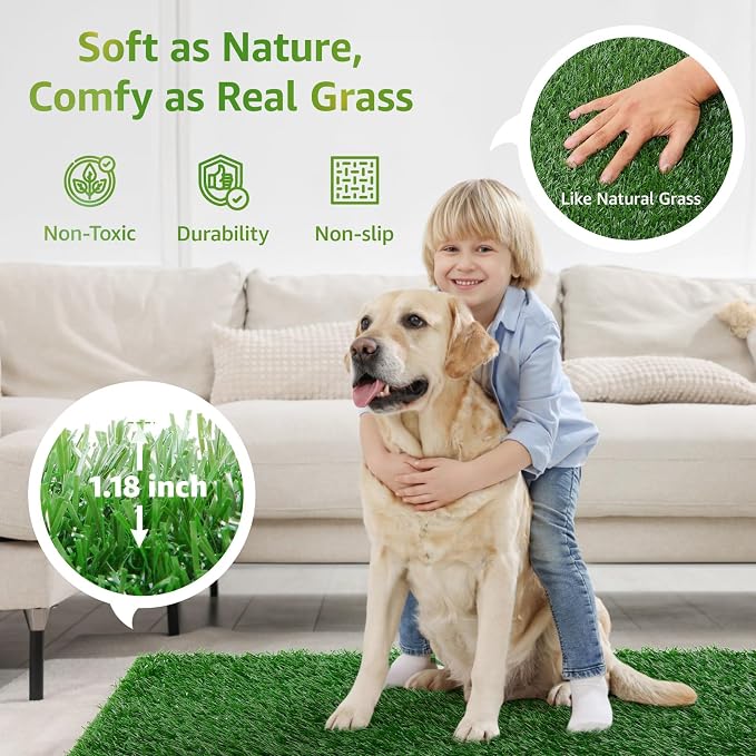 LOOBANI Dog Grass Pee Pads, 18.1x28.1in Artificial Grass Pad for Potty Tray | 2 Pack, Hemmed Edge, Fake Grass for Dogs to Pee On, Washable, Replacement Turf, Outdoor Indoor Pee Grass Patch, Easy to Clean
