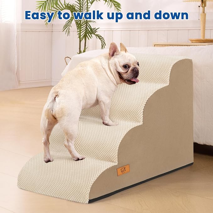 Dog Steps for Bed and Couch, Pet Stairs for Small Dogs and Cats, Khaki | High-Density Foam Support and a Stable 4-Step Ramp Design for Easy Access to Beds and Sofas,H 17.7in