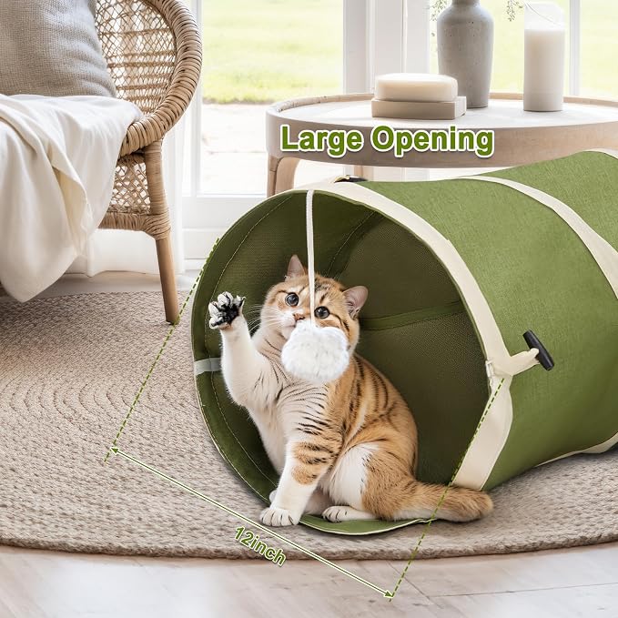Ownpets Cactus Cat Tunnel 10" with Peek Holes for Indoor Large Cat, Green | Durable Oxford fabric, noise-free, foldable & connectable, multi-cat friendly, tube for cats up to 20lb, includes ball & wand