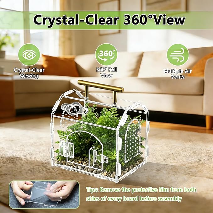 5.9" x 4.7" x 5.5" Acrylic Jumping Spider & Tarantula Enclosure – Transparent Insect Terrarium with Handle & Magnetic Door for Reptiles, Amphibians & Spiders