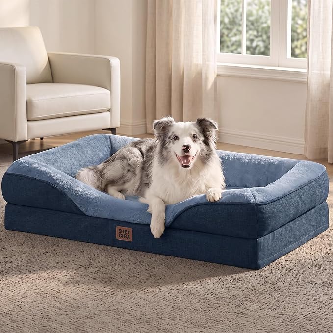 EHEYCIGA Orthopedic XL Dog Bed for Large Sized Dog, 42x30 Inch Extra Large Memory Foam Dog Couch Bed with Sides, Waterproof Liner & Washable Removable Cover, Bolster Pet Sofa, Navy