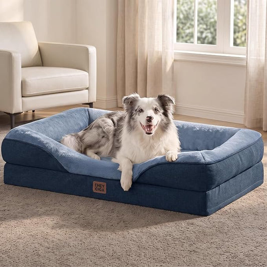 EHEYCIGA Orthopedic XL Dog Bed for Large Sized Dog, 42x30 Inch Extra Large Memory Foam Dog Couch Bed with Sides, Waterproof Liner & Washable Removable Cover, Bolster Pet Sofa, Navy