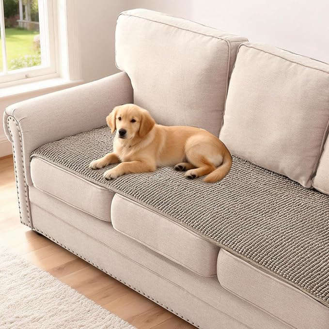 H.VERSAILTEX Plush Chenille Couch Cover for 3 Cushion Couch Anti Slip Washable Sofa Slipcovers Soft and Durable Furniture Protector for Dogs Cats Kids (27.5" x 71", Taupe)