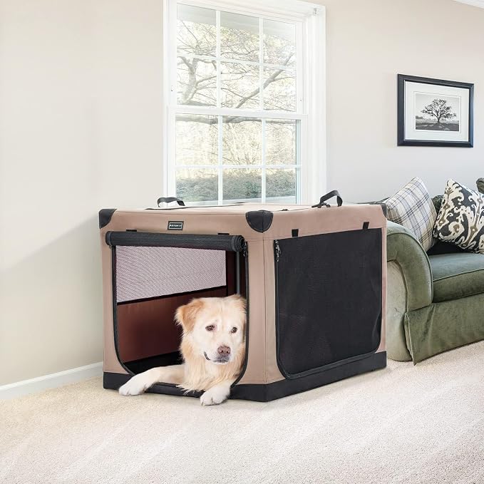 PETSFIT 36" Soft Portable Dog Crate – Patented Spiral Sturdy Frame, Collapsible Travel Kennel for Medium & Large Dogs, 3 Mesh Door, Lockable Zippers, Indoor & Car Use Khaki