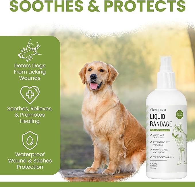 Liquid Bandage for Dogs 4oz Waterproof Spray - Chew + Heal Labs Wound Care with Aloe for Cuts, Scrapes, Stitches, Paw Injuries - Breathable, Safe if Licked
