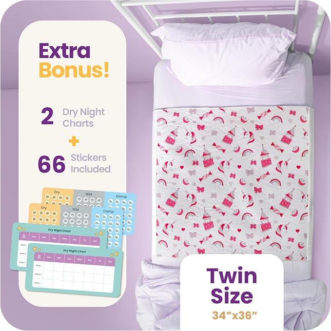 IMPROVIA® Pee Pads for Kids - Bed wetting Pads for Kids Potty Training Bed mats for Toddlers Waterproof Reuseable Washable Absorbent, Non Slip - Unicorn Design - Twin Size 34”x36
