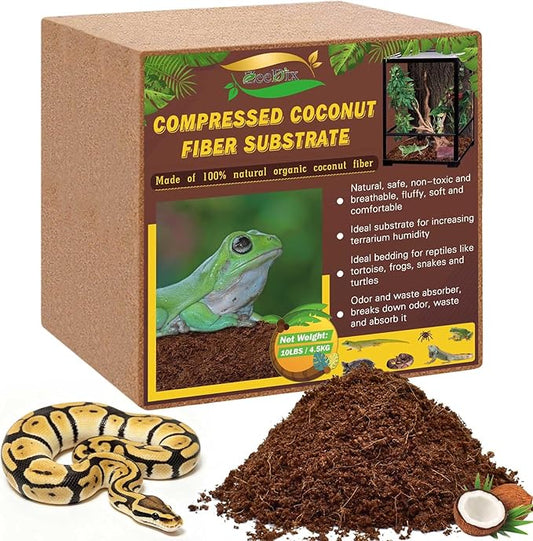 ZeeDix 10LBS Coconut Fiber Substrate, 100% Organic Coconut Husk Coco Coir Brick Terrarium Bedding for Reptiles, Tortoise, Bearded Dragon, Leopard Gecko, Snake, Hermit Crabs, Frogs, Tarantula