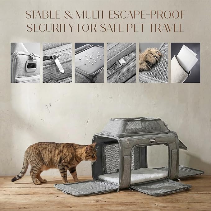 Top-Expandable Pet Carrier with Treat Pet Window,17x11x9.5 Airline Approved | for Alaska Hawaiian,Soft-Sided Dog Carrier, Anti-Scratch Mesh, Lockable Zippers,Cat Carrier for Kitten,Rabbit,Puppy,Grey
