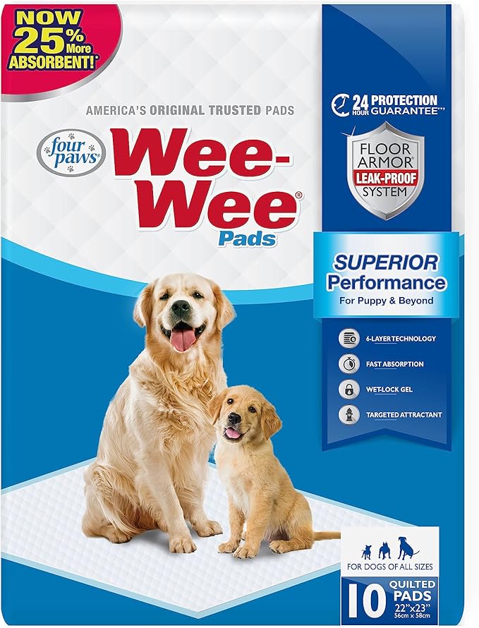 Four Paws Wee-Wee Superior Performance Dog Pee Pads, 10 Count | Quilted leak-proof puppy pads, dog housebreaking & potty training, 24-hour floor protection, pet supplies, 22" x 23"