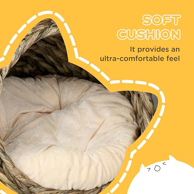PawHut Handwoven Elevated Cat Bed for Indoor Cats 20" H Gray | Soft Cushion & Egg Chair Shape, Basket Bed Kitty House with Stand, Raised Wicker House