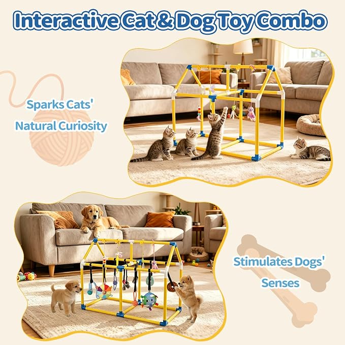 Liitrton Puppy Play Gym for Small Dogs & Kittens, Large PVC Yellow Frame | Indoor Puppy Jungle Gym with 14 Hanging Enrichment Toys, Reduce Puppy & Cats Boredom