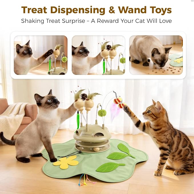 Cat Toys Rechargeable, 6-in-1 Automatic Interactive Cat Toys | Touch Activated Hide and Seek,Moving Feather,Spring Teaser,Treat Dispensing,Dual Track Balls with Chirping for All Breeds