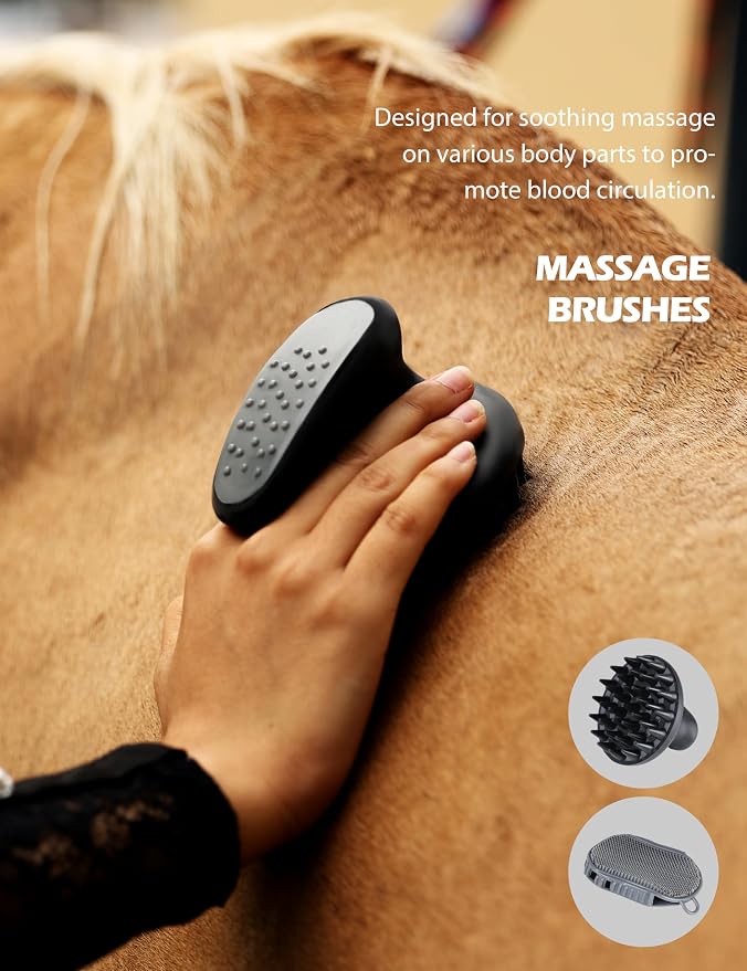 Harrison Howard Complete Horse Grooming Set, 11-Piece Advanced Daily Grooming Tools with Extra Brushes for Full Horse Care Black Brushstroke Ponies