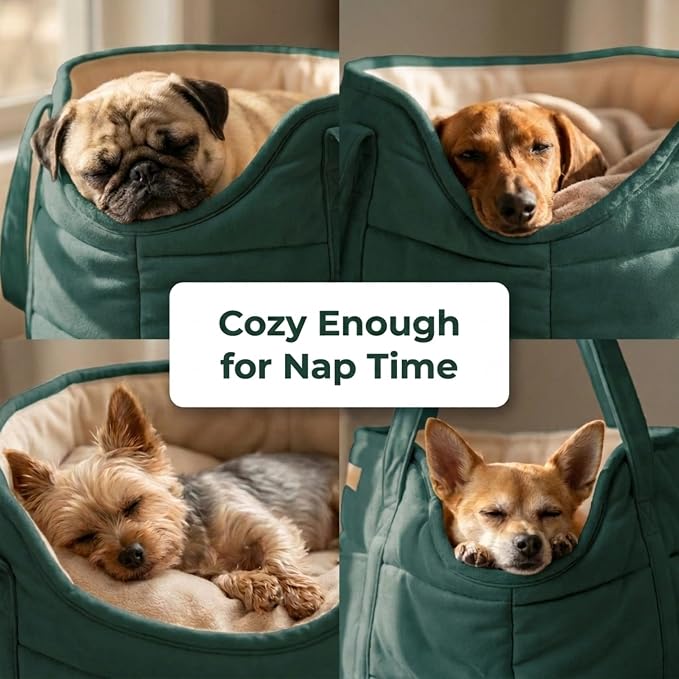Plush Dog Purse Carrier for Small Dogs, Soft Dog Tote Bag with Safety Harness Clip, Cozy Pet Carrier for Dogs Under 15 lbs, Comfortable Dog Shoulder Carrier for Travel, Green